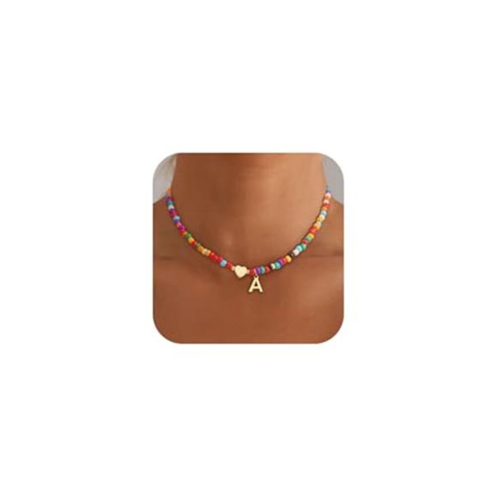 Initial Beaded Necklace Heart Letter Choker Colorful Girls Teen Jewelry Gift